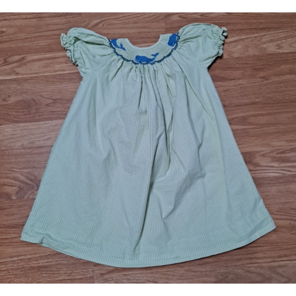 Silly Goose Smocked Blue Whales Green Gingham Embroidered Dress Girls 3